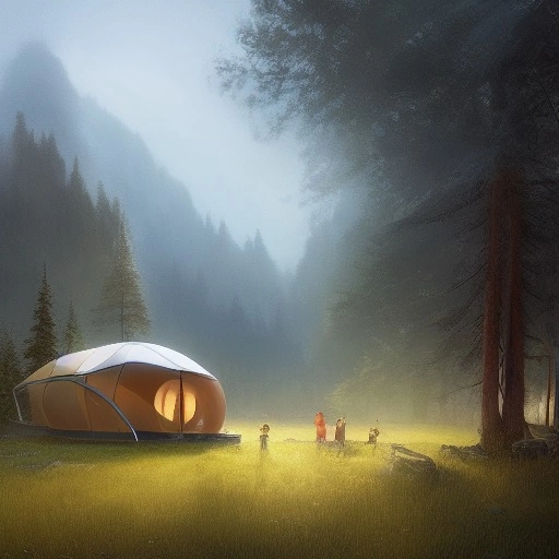 00031-1061797950-cabela’s tent futuristic pop up family pod, cabin, modular, person in foreground, mountainous forested wilderness open fields, b.webp